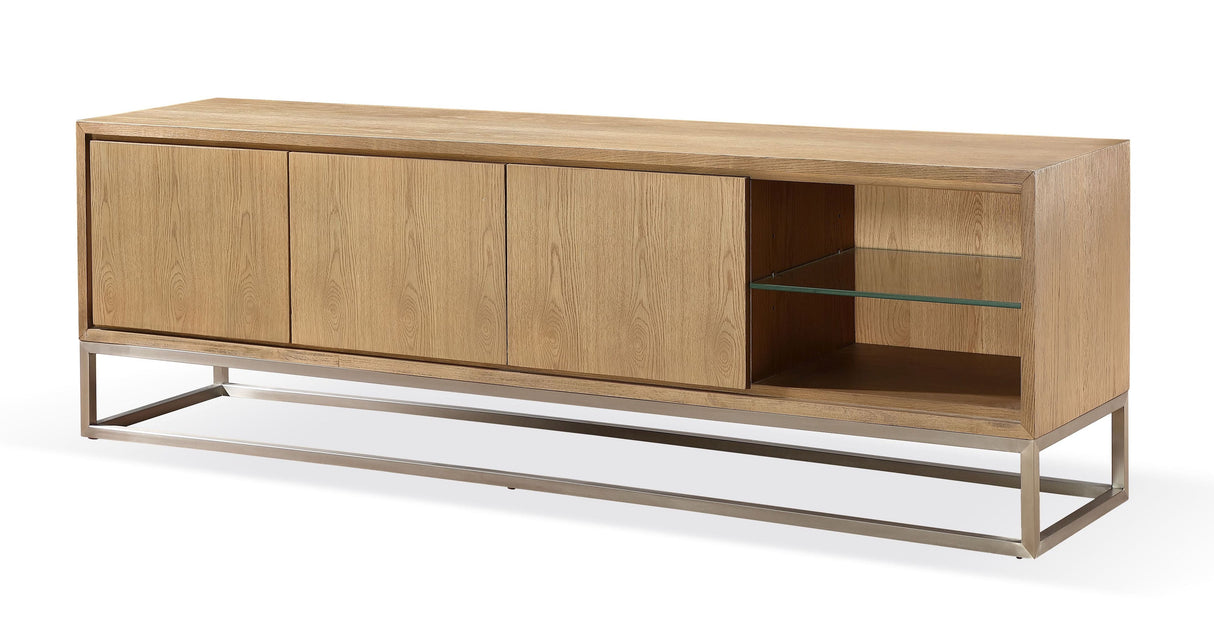 One Coastal Modern 84 inch TV Console in Brushed Stainless Steel and Bisque by Modus Furniture at Eve Furniture