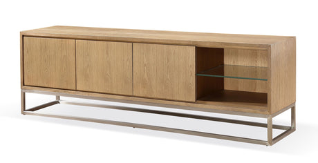 One Coastal Modern 84 inch TV Console in Brushed Stainless Steel and Bisque by Modus Furniture at Eve Furniture