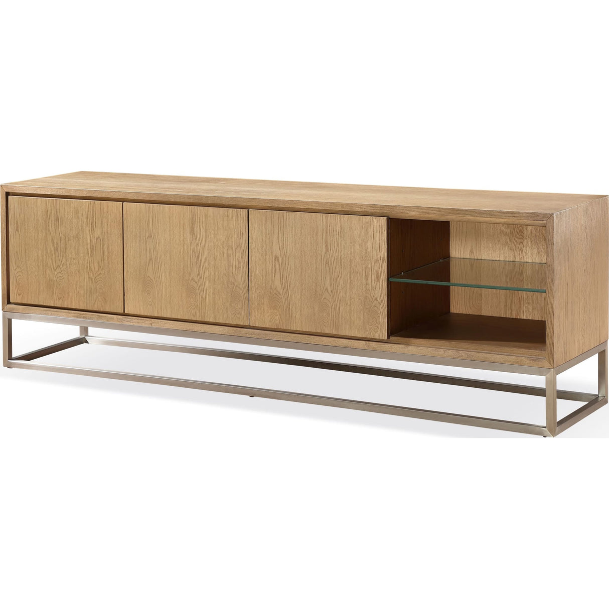 One Coastal Modern 84 inch TV Console in Brushed Stainless Steel and Bisque by Modus Furniture at Eve Furniture