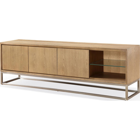 One Coastal Modern 84 inch TV Console in Brushed Stainless Steel and Bisque by Modus Furniture at Eve Furniture