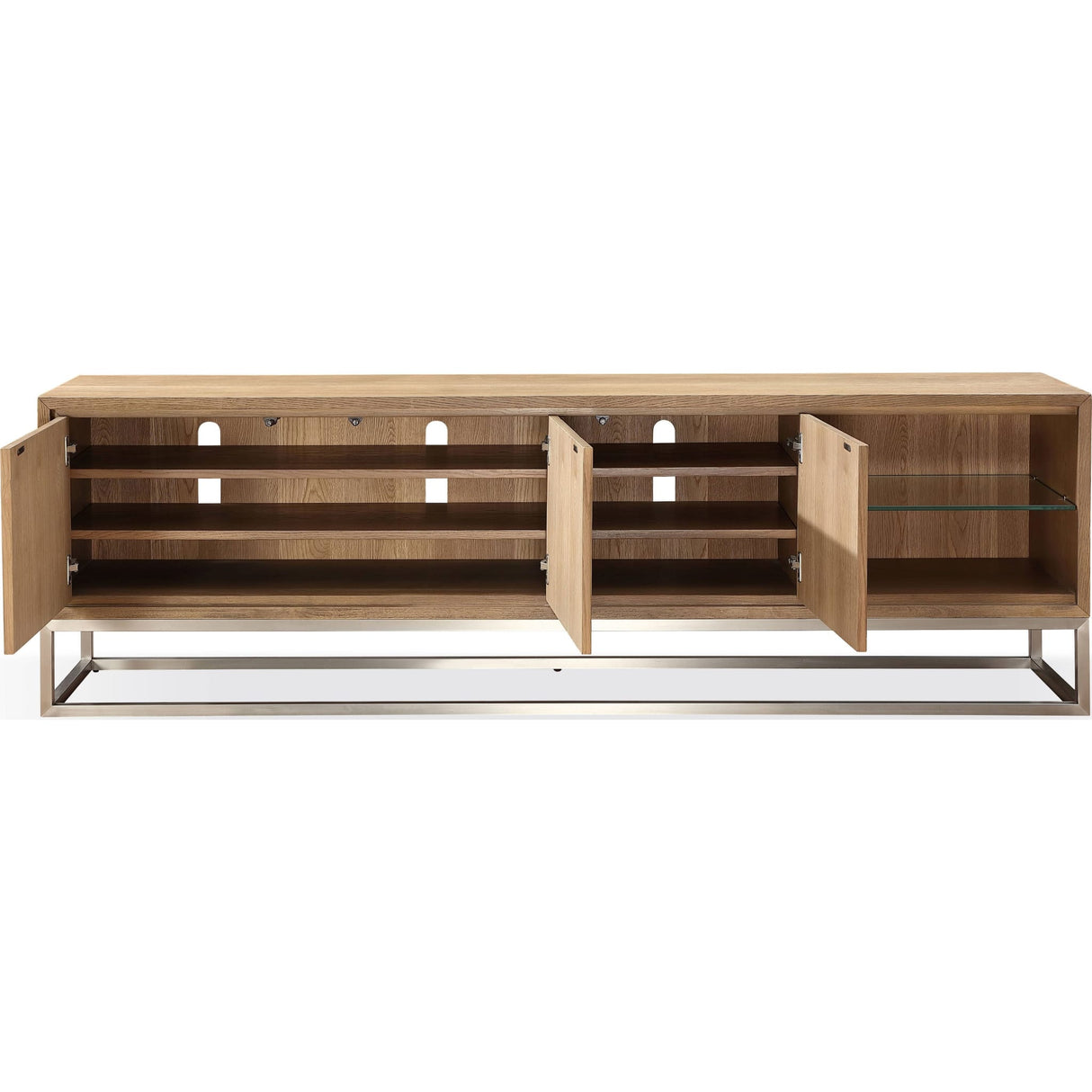 One Coastal Modern 84 inch TV Console in Brushed Stainless Steel and Bisque by Modus Furniture at Eve Furniture