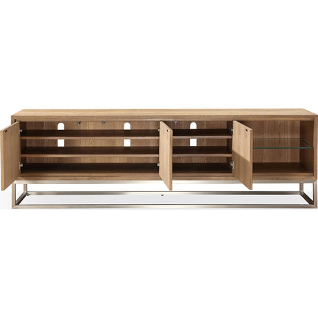 One Coastal Modern 84 inch TV Console in Brushed Stainless Steel and Bisque by Modus Furniture at Eve Furniture
