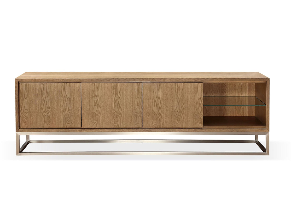 One Coastal Modern 84 inch TV Console in Brushed Stainless Steel and Bisque by Modus Furniture at Eve Furniture