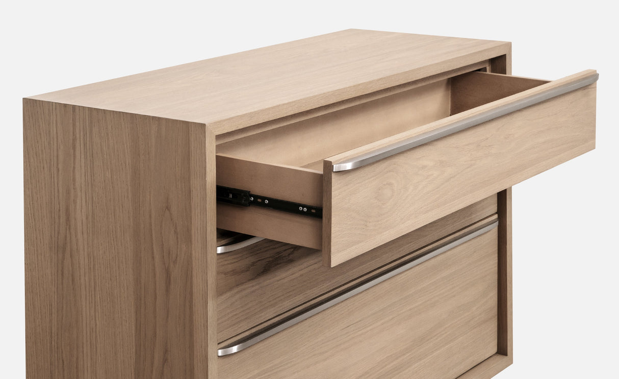 One Coastal Modern Three Drawer USB-charging Nightstand in Bisque by Modus Furniture at Eve Furniture