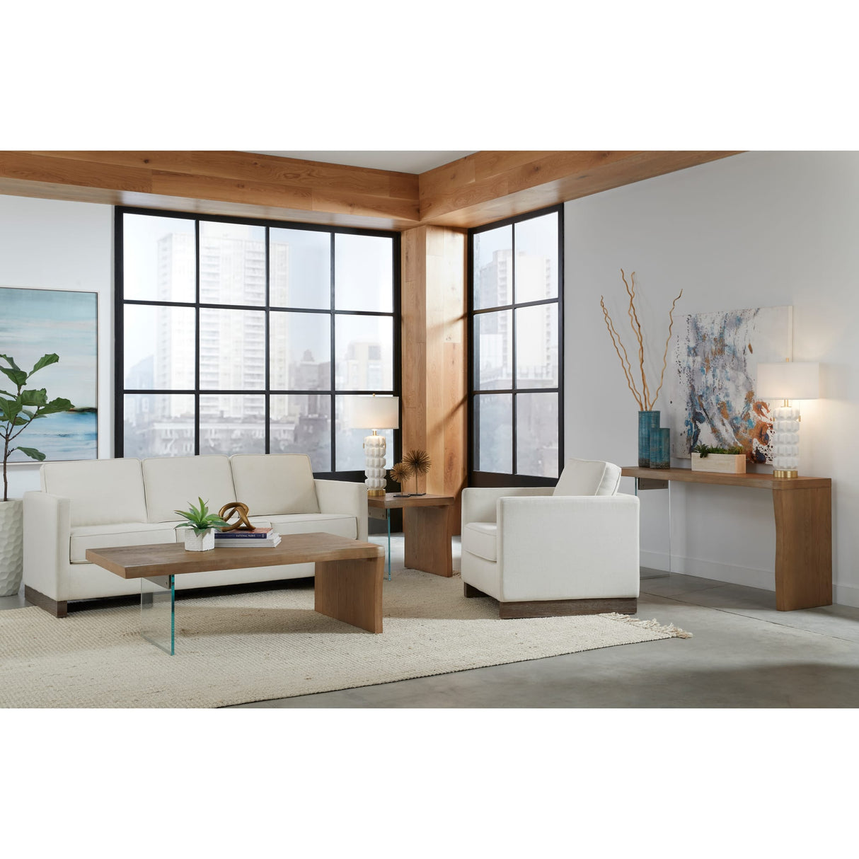 One Live-Edge White Oak and Glass Console Table in Bisque by Modus Furniture at Eve Furniture