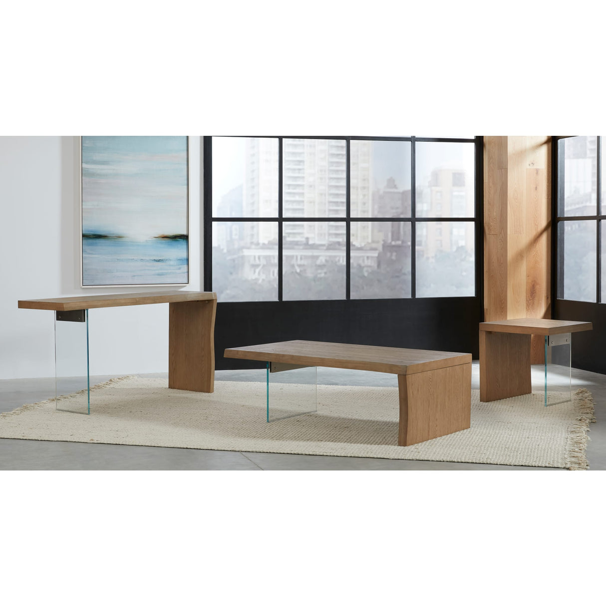 One Live-Edge White Oak and Glass Console Table in Bisque by Modus Furniture at Eve Furniture