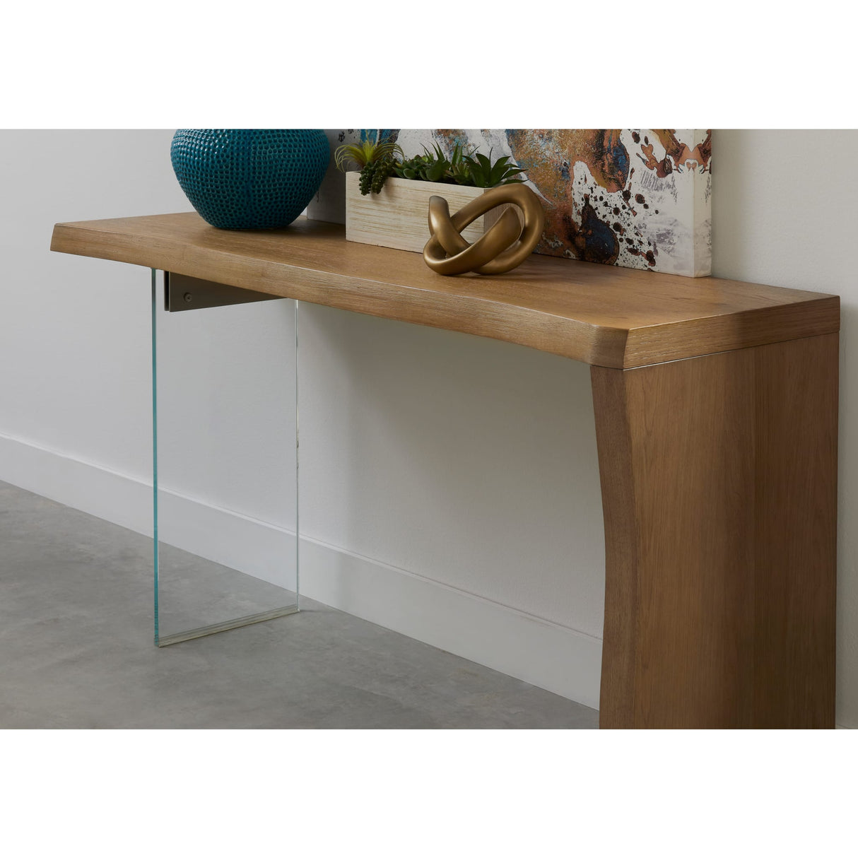 One Live-Edge White Oak and Glass Console Table in Bisque by Modus Furniture at Eve Furniture