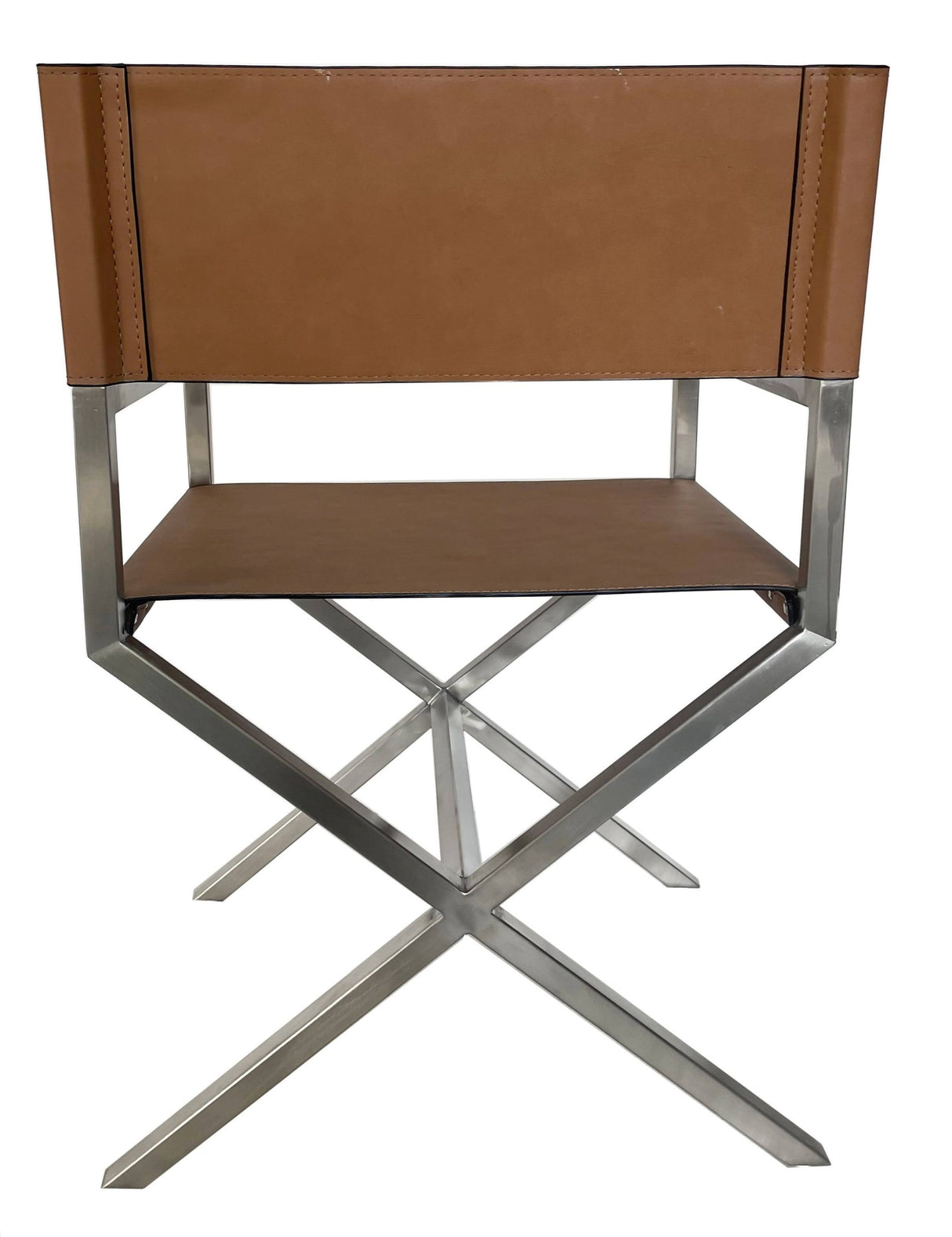 One Modern Coastal Director's Dining Arm Chair in Cognac and Brushed Stainless Steel (Set of 2) by Modus Furniture at Eve Furniture