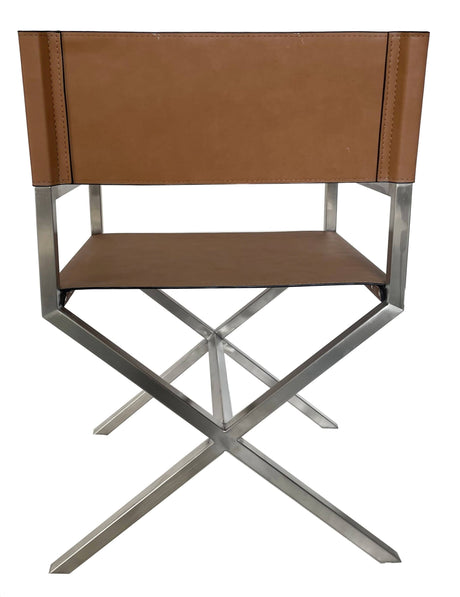 One Modern Coastal Director's Dining Arm Chair in Cognac and Brushed Stainless Steel (Set of 2) by Modus Furniture at Eve Furniture