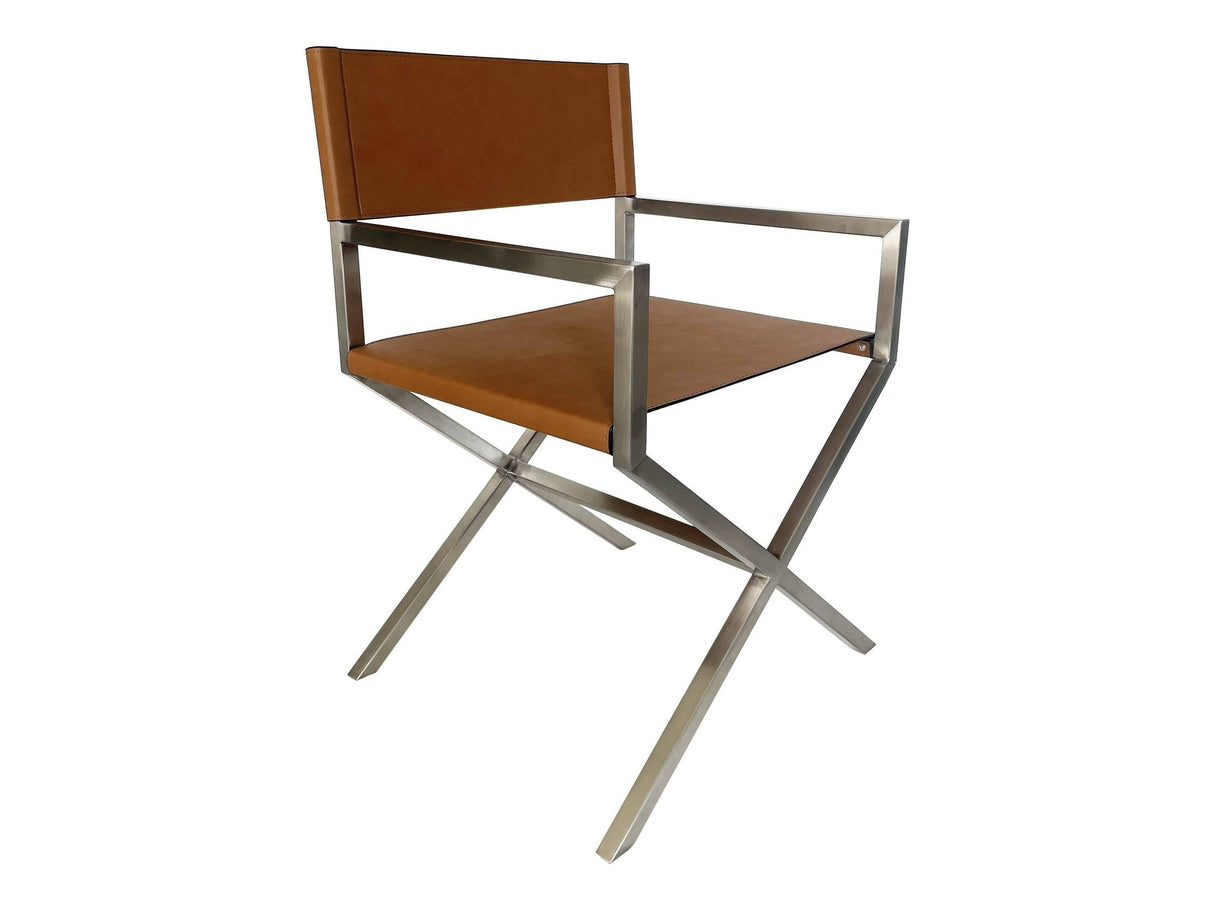 One Modern Coastal Director's Dining Arm Chair in Cognac and Brushed Stainless Steel (Set of 2) by Modus Furniture at Eve Furniture