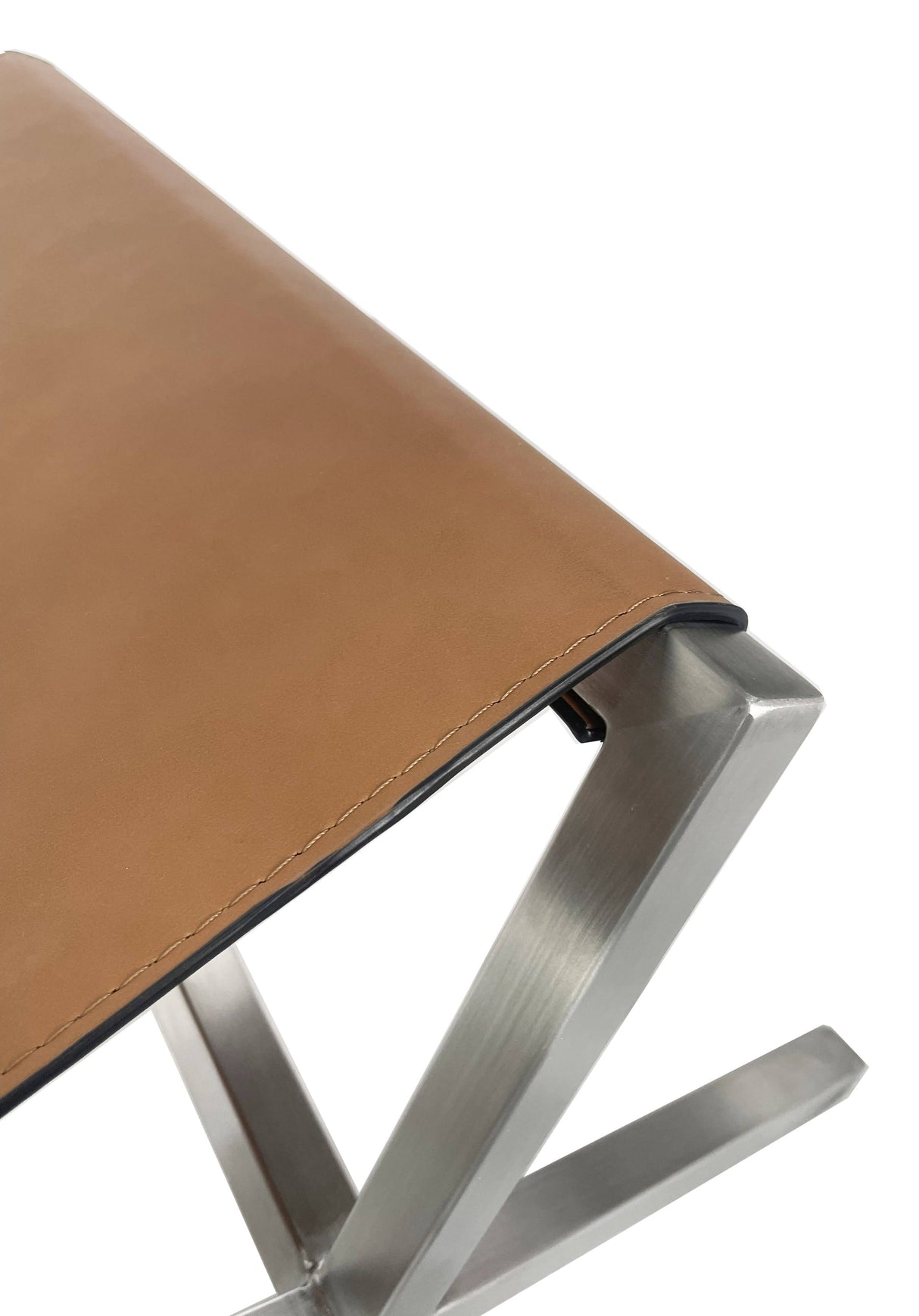 One Modern Coastal Director's Style Leather Dining Bench in Cognac and Brushed Stainless Steel by Modus Furniture at Eve Furniture