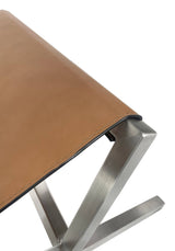 One Modern Coastal Director's Style Leather Dining Bench in Cognac and Brushed Stainless Steel by Modus Furniture at Eve Furniture