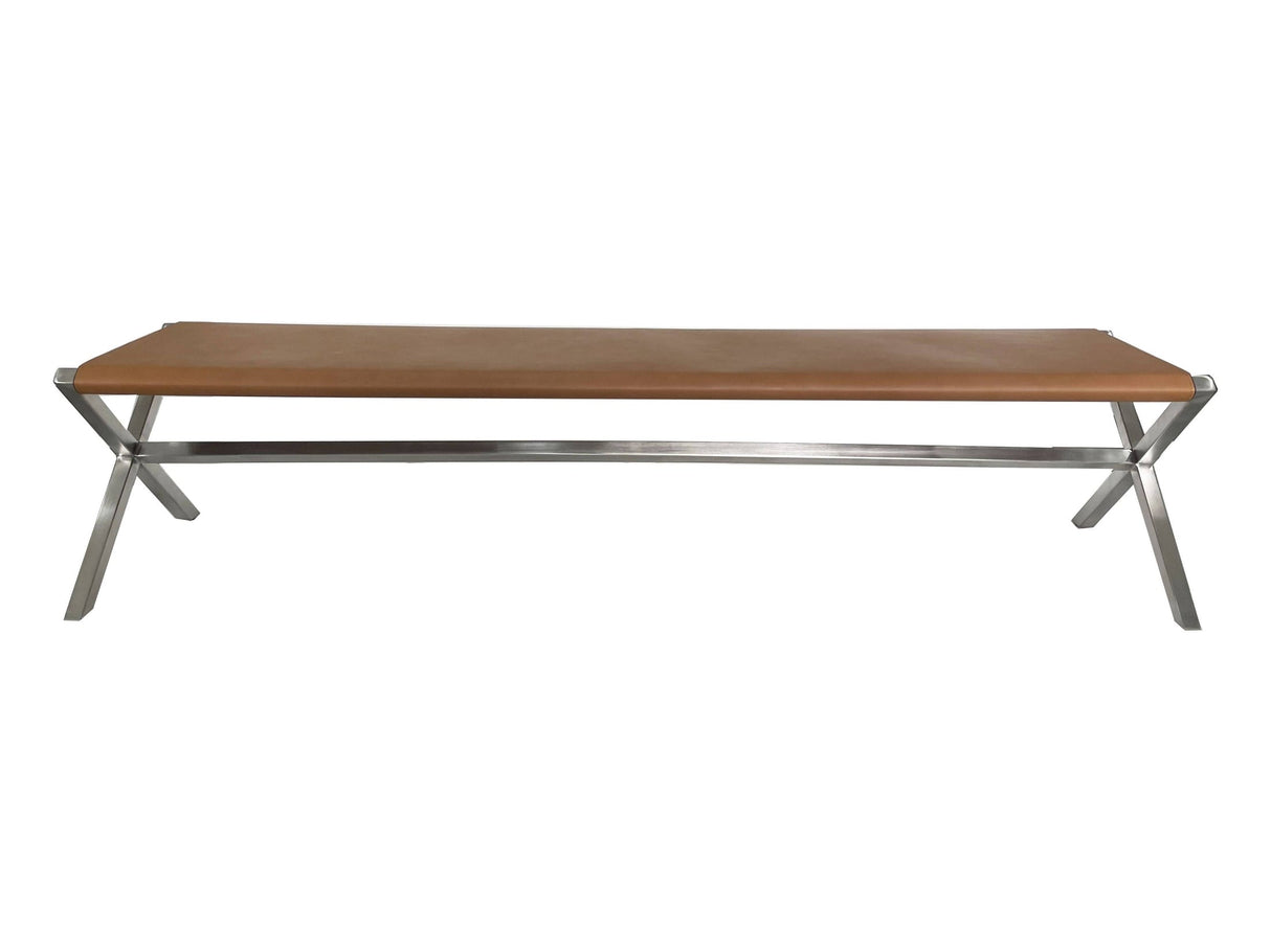 One Modern Coastal Director's Style Leather Dining Bench in Cognac and Brushed Stainless Steel by Modus Furniture at Eve Furniture