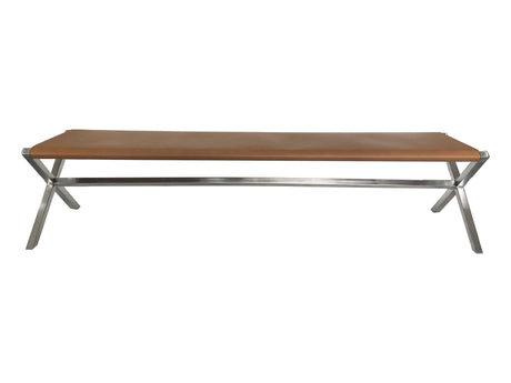One Modern Coastal Director's Style Leather Dining Bench in Cognac and Brushed Stainless Steel by Modus Furniture at Eve Furniture