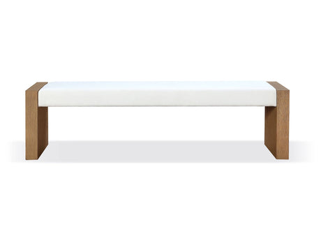 One Modern Coastal Slab Leg Upholstered Dining Bench in White Oak and White Pearl by Modus Furniture at Eve Furniture