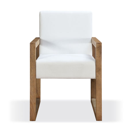 One Modern Coastal Sled Leg Upholstered Dining Arm Chair in White Pearl and Bisque (Set of 2) by Modus Furniture at Eve Furniture