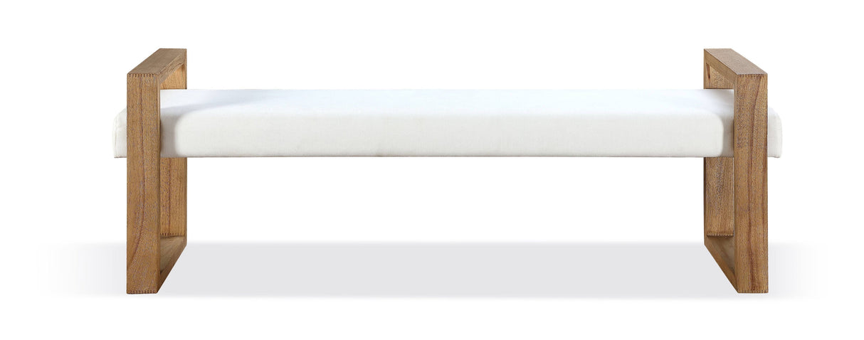 One Modern Coastal Sled Leg Upholstered Dining Bench in White Pearl and Bisque by Modus Furniture at Eve Furniture