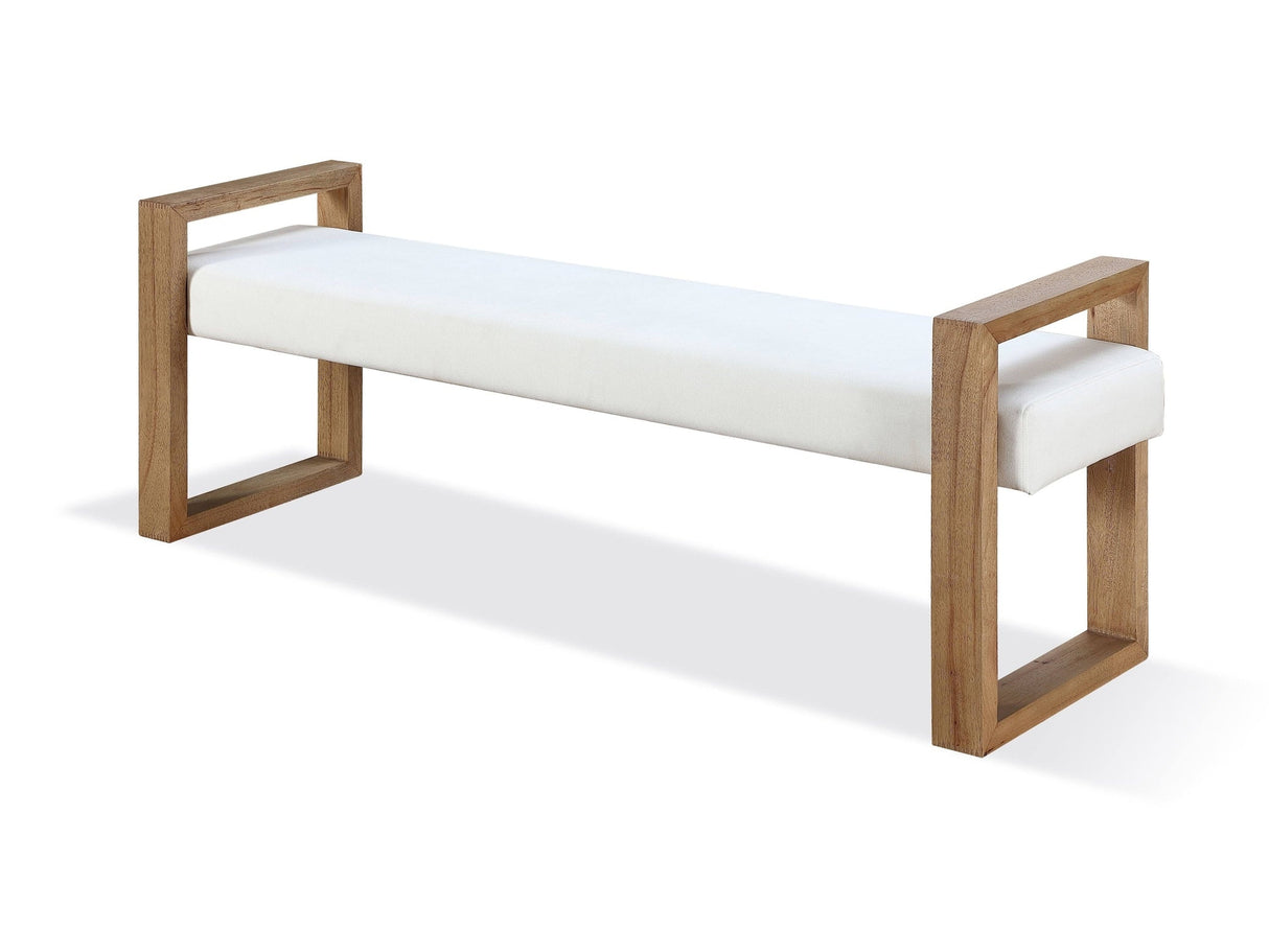 One Modern Coastal Sled Leg Upholstered Dining Bench in White Pearl and Bisque by Modus Furniture at Eve Furniture