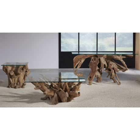 One Solid Teak Root Glass Top Console Table by Modus Furniture at Eve Furniture