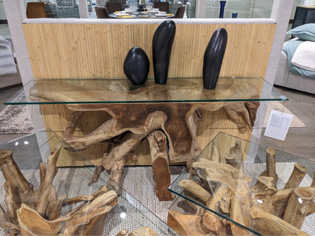 One Solid Teak Root Glass Top Console Table by Modus Furniture at Eve Furniture