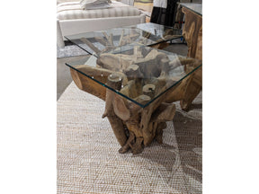 One Solid Teak Root Glass Top End Table by Modus Furniture at Eve Furniture