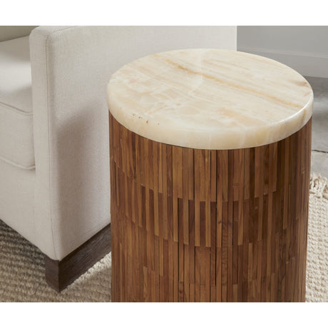 One Stone Wood Tile Round End Table in Onyx and Solid Teak by Modus Furniture at Eve Furniture