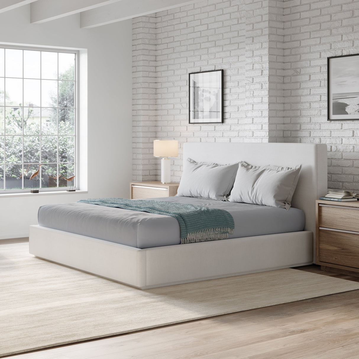 One Upholstered Eastern King Platform Bed in Pearl by Modus Furniture at Eve Furniture