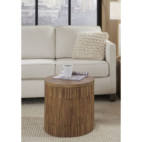 One Wood Tile Round End Table in Solid Teak by Modus Furniture at Eve Furniture