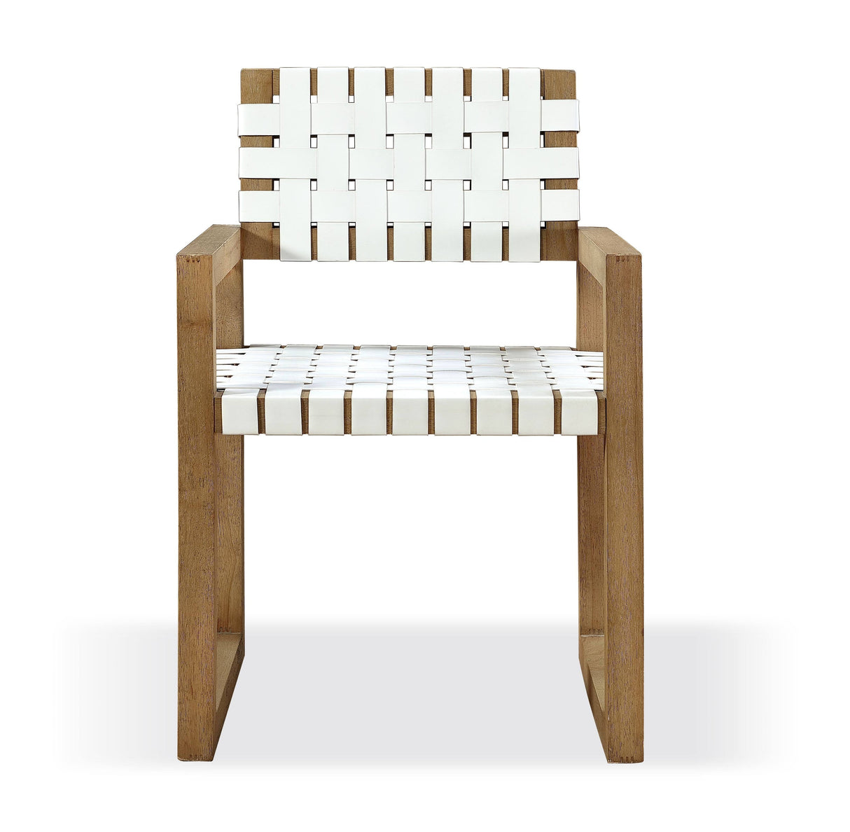 One Woven Leather and Solid Wood Dining Arm Chair in White and Bisque by Modus Furniture at Eve Furniture