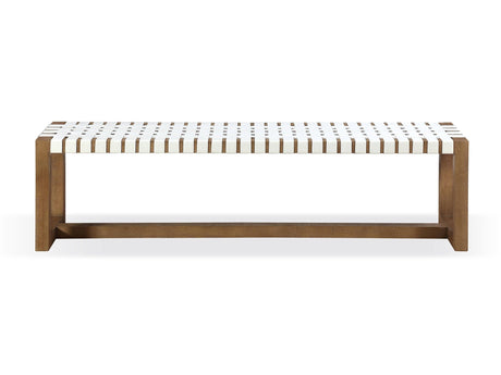One Woven Leather and Solid Wood Dining Bench in White and Bisque by Modus Furniture at Eve Furniture
