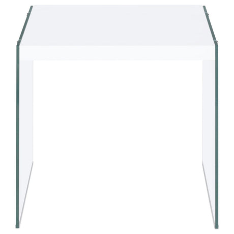 Opal White High Gloss Square End Table With Clear Glass Legs by Coaster at Eve Furniture