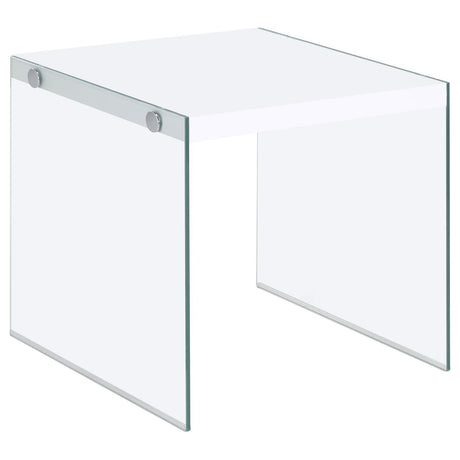 Opal White High Gloss Square End Table With Clear Glass Legs by Coaster at Eve Furniture
