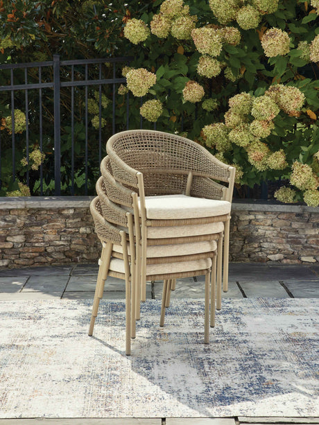 Orchard Beach Beige Outdoor Arm Chair with Cushion (Set of 4) by Ashley at Eve Furniture