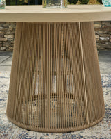 Orchard Beach Beige Outdoor Dining Table and 4 Arm Chairs by Ashley at Eve Furniture