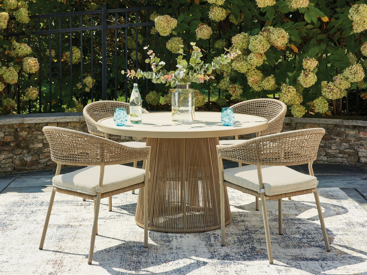 Orchard Beach Beige Outdoor Dining Table and 4 Arm Chairs by Ashley at Eve Furniture