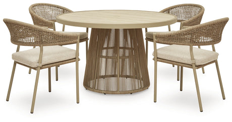 Orchard Beach Beige Outdoor Dining Table and 4 Arm Chairs by Ashley at Eve Furniture