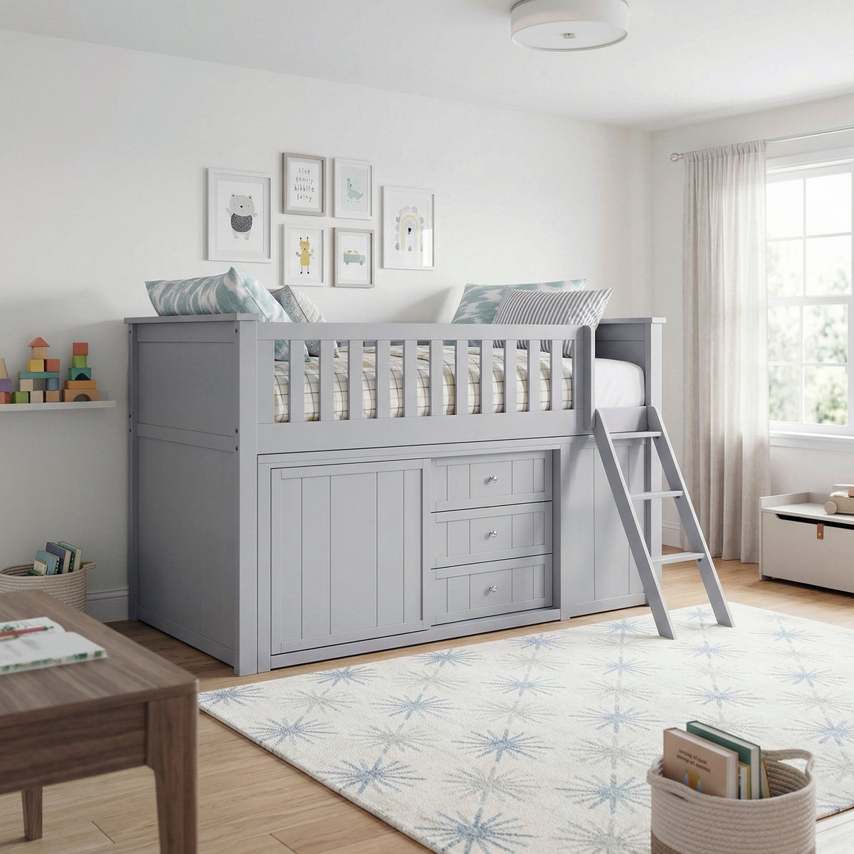 Orion Gray Low Loft Bunk with Bookcase and Dresser by Homelegance at Eve Furniture