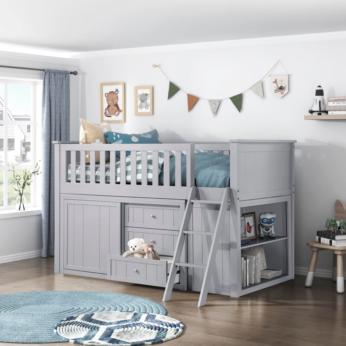 Orion Gray Low Loft Bunk with Bookcase and Dresser by Homelegance at Eve Furniture