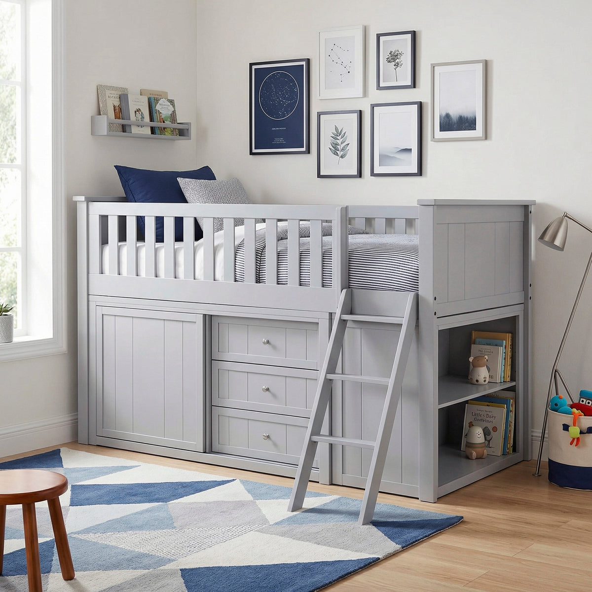 Orion Gray Low Loft Bunk with Bookcase and Dresser by Homelegance at Eve Furniture