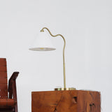 Ornate Brass Ring Base Curved Table Lamp with Triangle White Drum Shade by Ashcroft Furniture at Eve Furniture