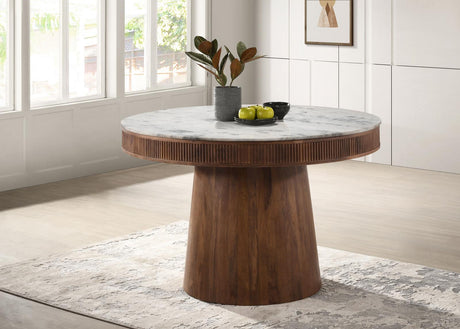 Ortega White and Natural Round Marble Top Solid Base Dining Table by Coaster at Eve Furniture