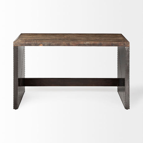 Orwell Brown Wood Top Metal Cladded Frame Office Desk by Mercana at Eve Furniture