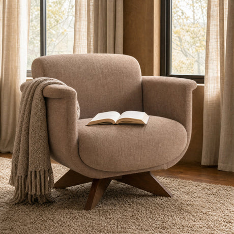 Oskar Chocolate Fabric w/ Brown Wood Base Swivel Accent Chair by Mercana at Eve Furniture
