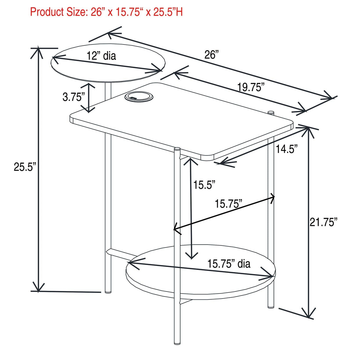 Ottilie 3-tier Side Table With Wireless Charger White and Black