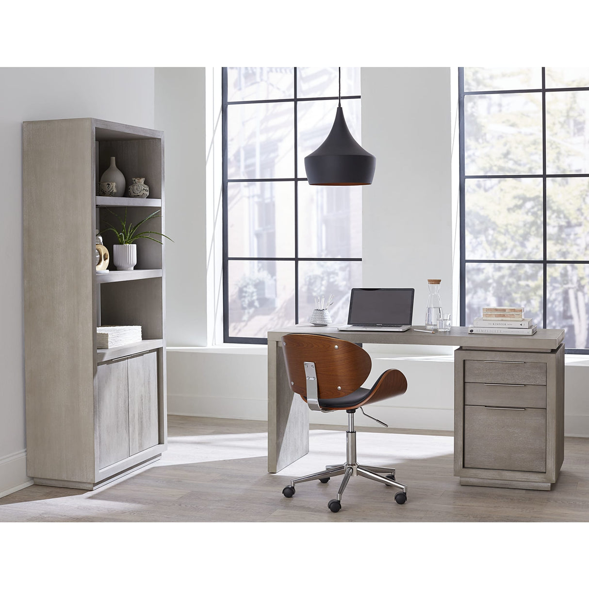 Oxford Three-Drawer Single Pedestal Desk in Mineral by Modus Furniture at Eve Furniture