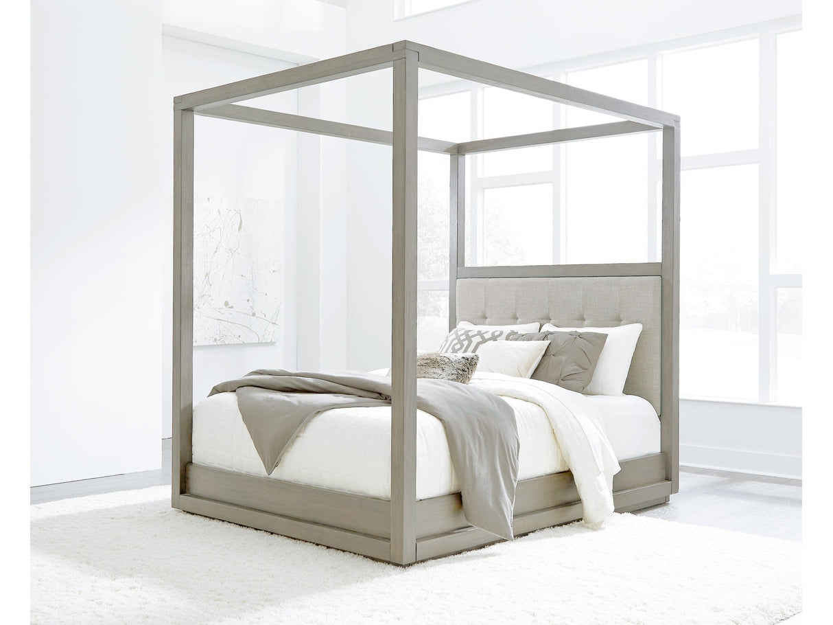 Oxford Upholstered Eastern King Canopy Bed in Mineral by Modus Furniture at Eve Furniture