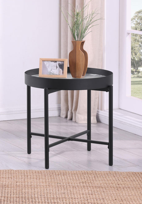 Ozella Sandy Black Round End Table with Recessed Top by Coaster at Eve Furniture