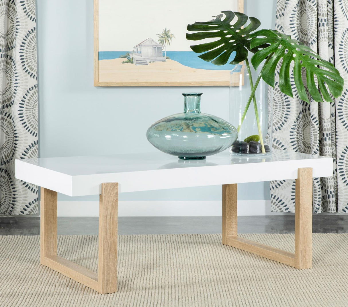 Pala White High Gloss/Natural Rectangular Coffee Table with Sled Base