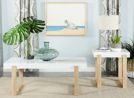 Pala White High Gloss/Natural Rectangular End Table with Sled Base by Coaster at Eve Furniture
