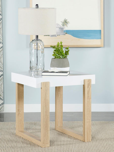 Pala White High Gloss/Natural Rectangular End Table with Sled Base by Coaster at Eve Furniture